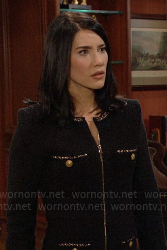 Steffy's black zip front romper on The Bold and the Beautiful