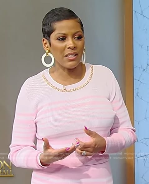 Tamron's pink stripe sweater and skirt on Tamron Hall Show
