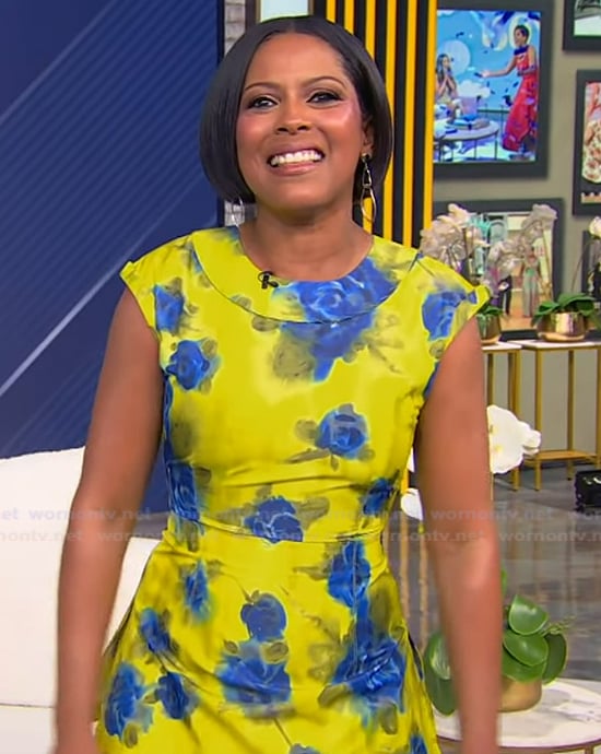 Tamron's yellow floral print top and skirt on Tamron Hall Show