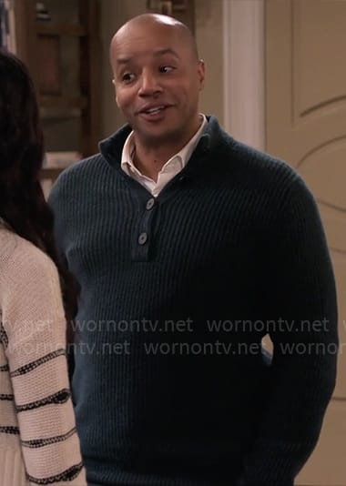 Trey's dark green buttoned sweater on Extended Family