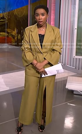 Zinhle's yellow drawstring blazer and slit pants on NBC News Daily