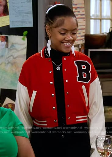 Aaliyah's red B embroidered varsity jacket on The Upshaws