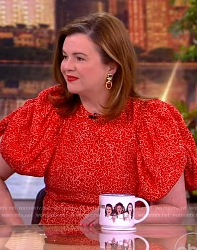 Amber Tamblyn's red printed puff sleeve dress on The View