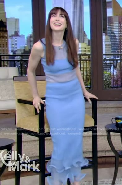 Anne Hathaway's blue ruffle skirt and top on Live with Kelly and Mark