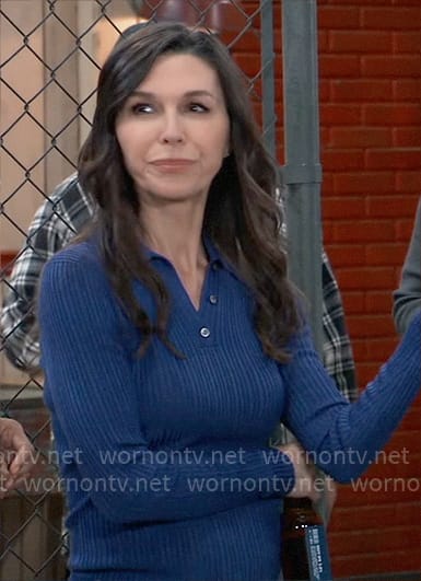 Anna's blue rib knit polo top on General Hospital