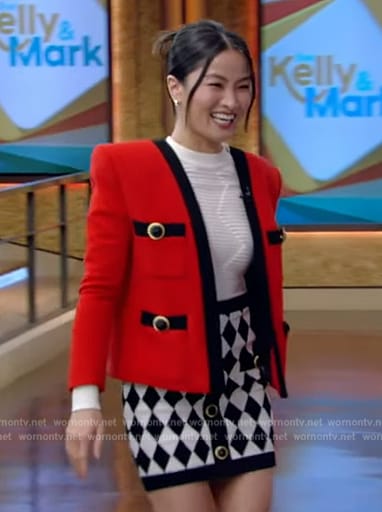 Anna Sawai's red jacket and printed mini skirt on Live with Kelly and Mark