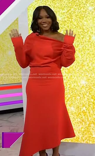 Sarah Jakes Roberts's red off-shoulder asymmetric dress on Today