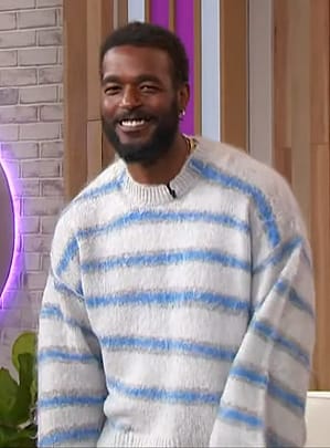 Luke James's blue stripe sweater and metallic jeans on Sherri