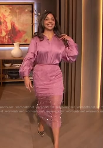 Ashley's pink embellished skirt and top on The Drew Barrymore Show