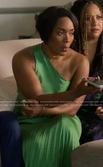 Athena's green pleated one-shoulder dress on 9-1-1