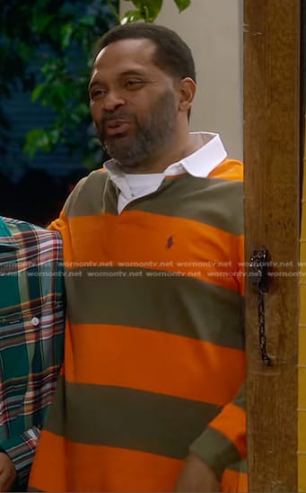Bennie's orange striped rugby shirt on The Upshaws