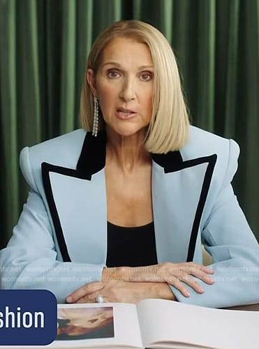 Celine Dion's blue contrast trim blazer on E! News