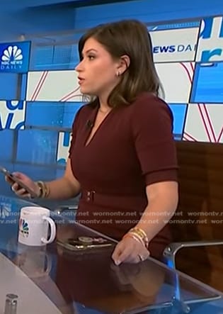 Chloe Melas's burgundy belted short sleeve dress on NBC News Daily