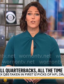 Dana Jacobson's teal blue twisted keyhole dress on CBS Mornings