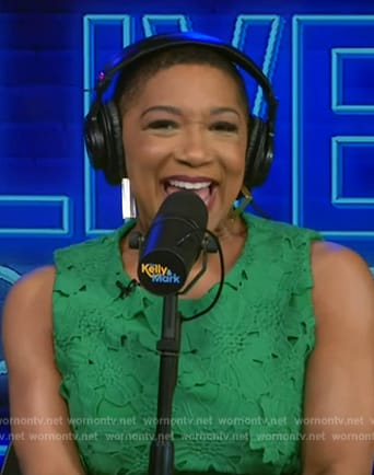 Deja Vu's green floral embroidered dress on on Live with Kelly and Mark
