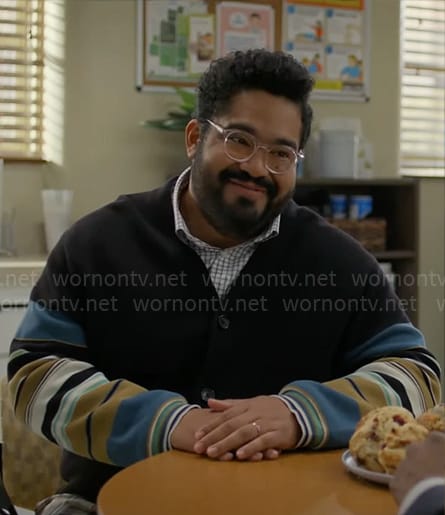 Dennis's striped sleeve cardigan on Not Dead Yet