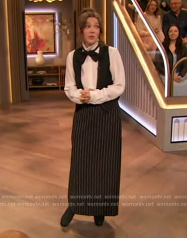Drew's pinstripe high waist skirt on The Drew Barrymore Show