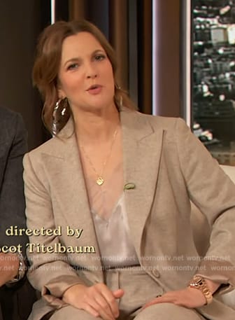 Drew's lace trim cami and suit on The Drew Barrymore Show