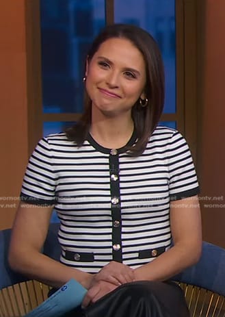 Elizabeth's white striped short sleeve cardigan on Good Morning America