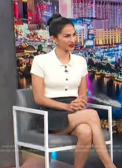 Elodie Yung's white ribbed polo shirt on Access Hollywood
