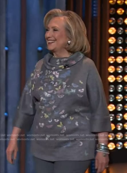 Hillary Clinton's gray butterfly print poncho on The Kelly Clarkson Show