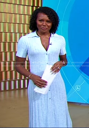 Janai's blue pleated button front dress on Good Morning America