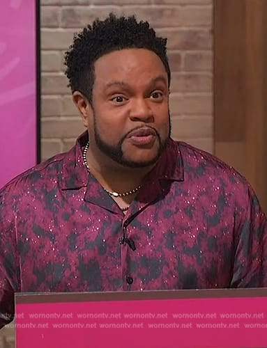 Jawn's abstract print button down shirt on Sherri