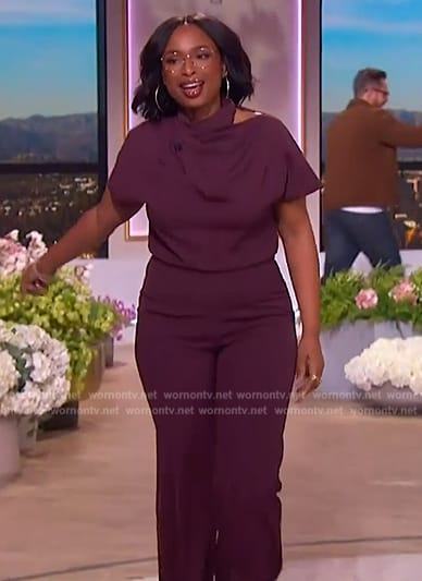 Jennifer's maroon drape jumpsuit on The Jennifer Hudson Show