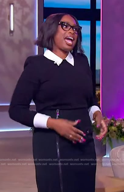 Jennifer's black contrast collar top and skirt on The Jennifer Hudson Show