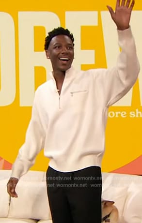 Jerrod Carmichael's white half zip sweater on The Drew Barrymore Show