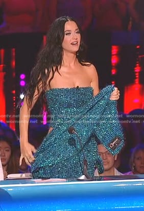 Katy Perry's blue strapless cutout knit dress on American Idol