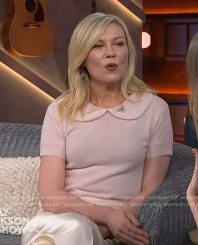 Kirsten Dunst's pink shirt and satin pants on The Kelly Clarkson Show