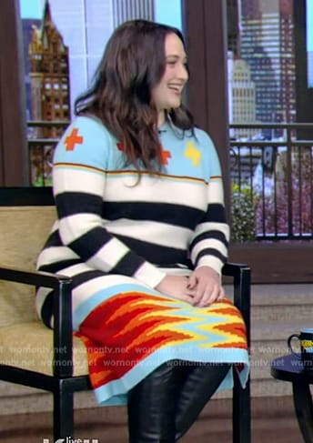 Lily Gladstone's mixed print sweater dress on Live with Kelly and Mark
