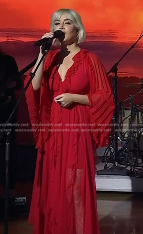Maggie Rose's red pleated ruffle maxi dress on Today