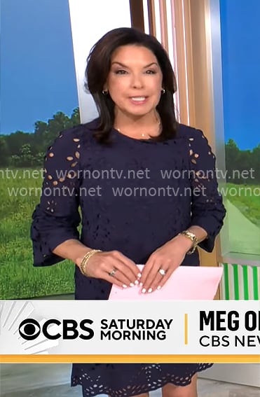Meg Oliver's navy eyelet dress on CBS Mornings