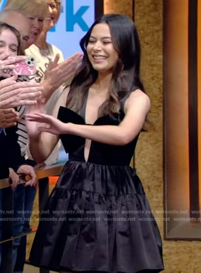 Miranda Cosgrove's black bow front mini dress on Live with Kelly and Mark
