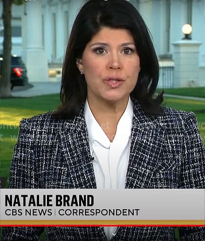 Natalie Brand's navy checked tweed blazer on CBS Mornings