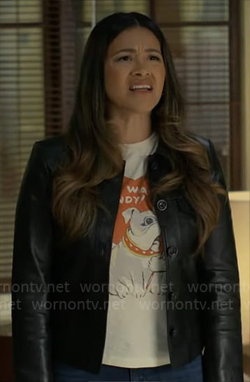 Nell's I Want Candy dog t-shirt and leather jacket on Not Dead Yet