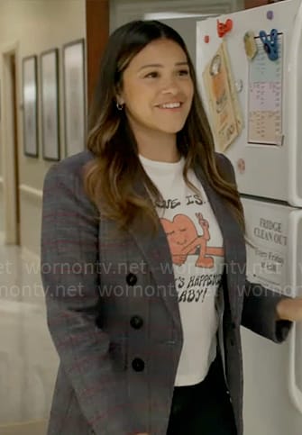 Nell's heart t-shirt and plaid blazer on Not Dead Yet