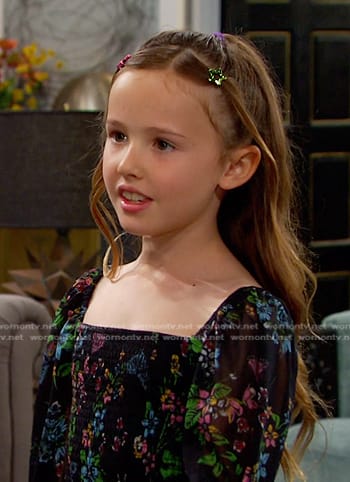 Rachel's black floral smocked dress on Days of our Lives