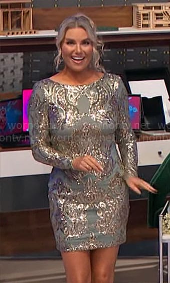 Rachel's mint damask sequin long sleeve mini dress on The Price is Right