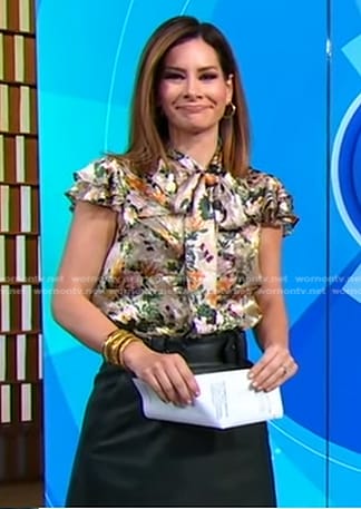 Rebecca's floral ruffle top and black leather skirt on Good Morning America