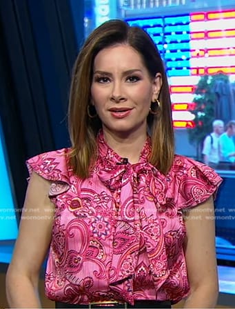 Rebecca's pink print tie neck top on Good Morning America
