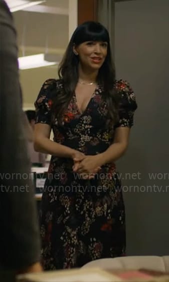 Sam's black floral dress on Not Dead Yet