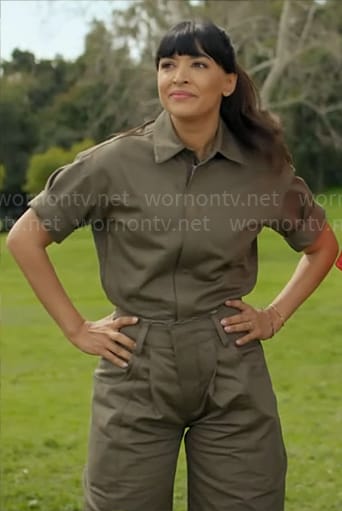 Sam's olive green jumpsuit on Not Dead Yet