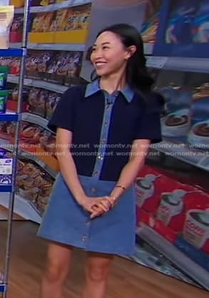 Sarah Paiji Yoo's blue colorblock denim dress on Good Morning America