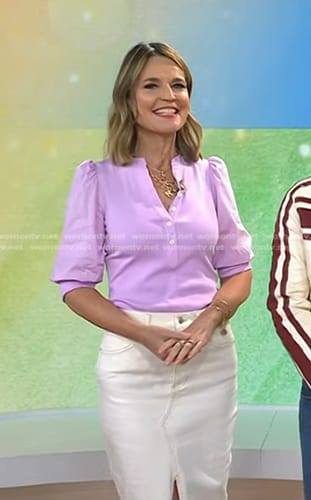 Savannah's pink puff sleeve top and white denim skirt on Today