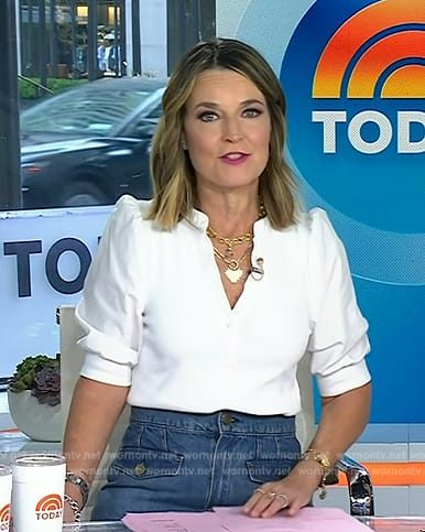 Savannah's white puff sleeve top and skirt on Today