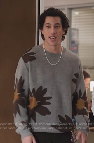 Simon's gray floral print sweatshirt on Abbott Elementary