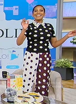 Tamron's black and white polka dot top and pants on Tamron Hall Show